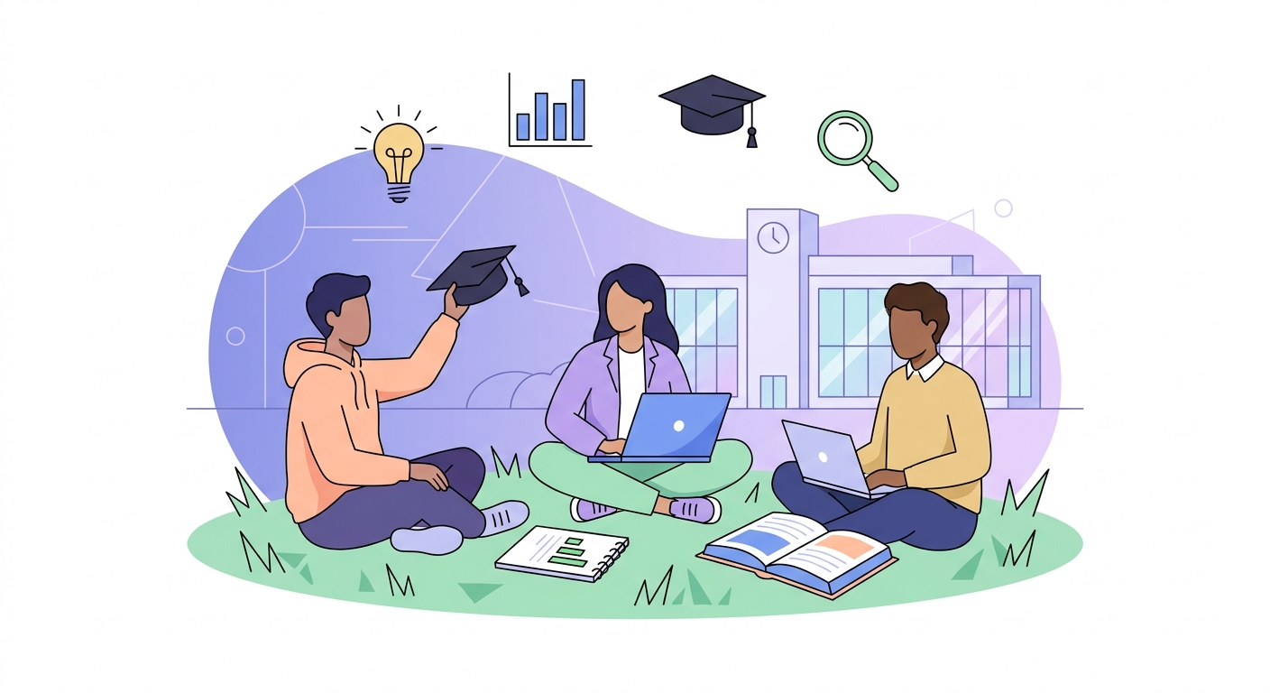 Social science degree illustration — books, graduation cap and academic icons